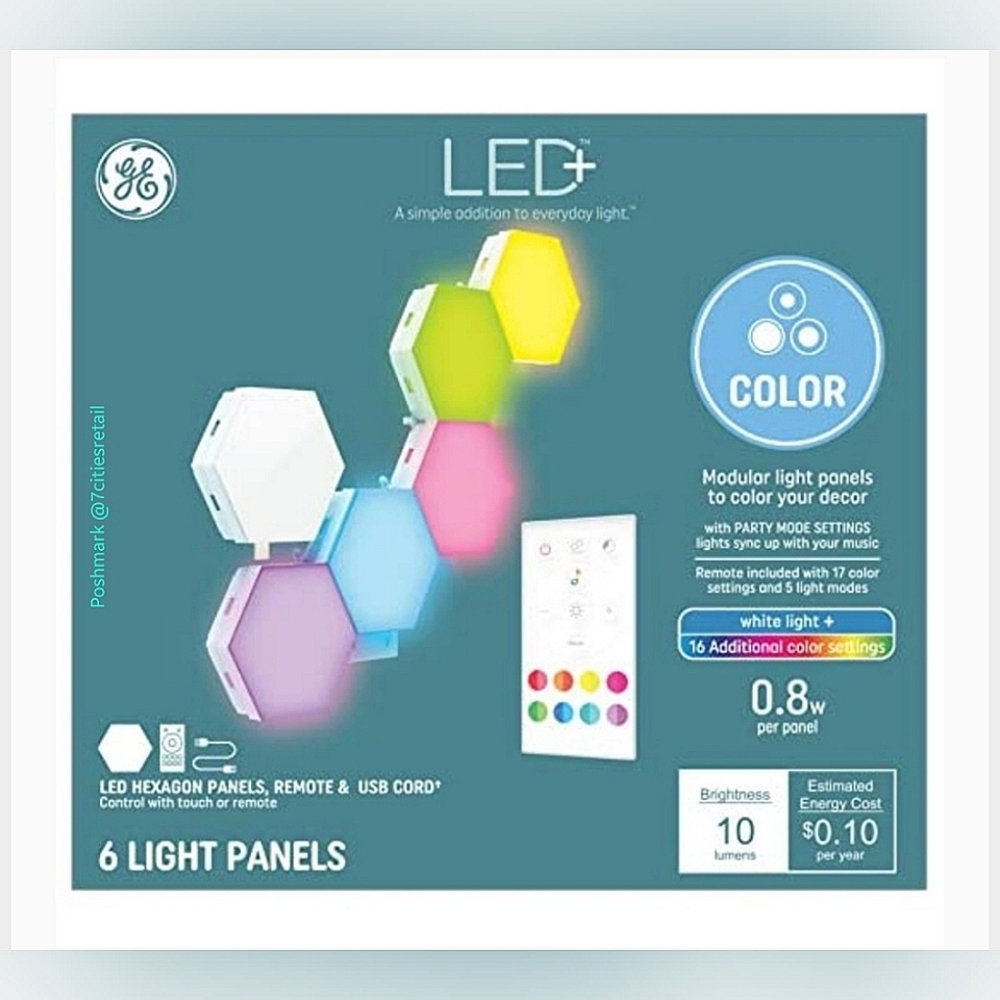 New GE LED+ Color Changing Hexagon Tile Panels, 17 Color Settings, 5 Light Modes